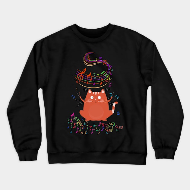 Cat Kitty Playing Music Note Clef Musician Art Crewneck Sweatshirt by folidelarts